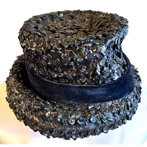 Vintage 60s Navy Blue Raffia Bucket Hat With Velvet Bow - Picture 4 of 7